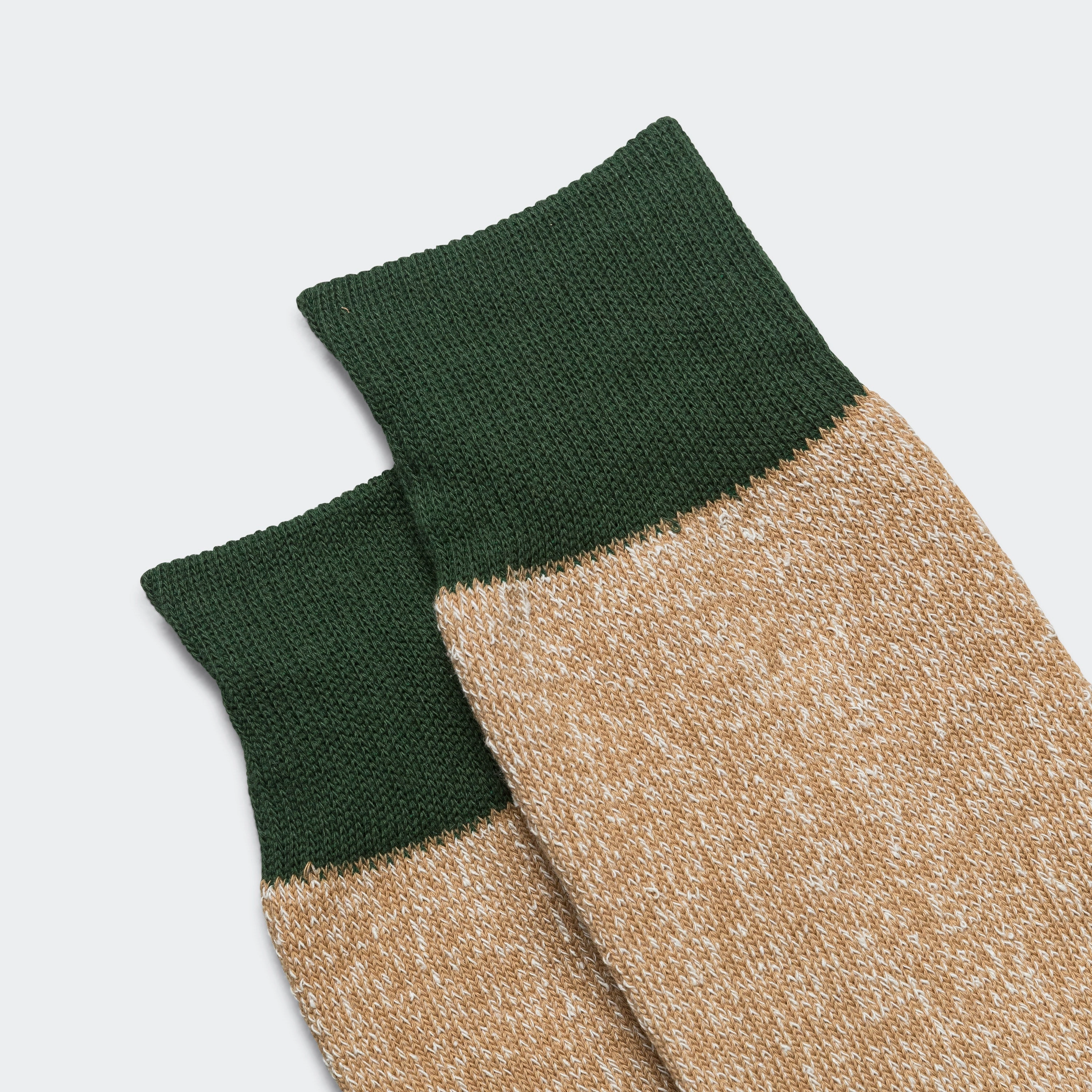 Two Tone Crew Sock - Dark Green/Beige