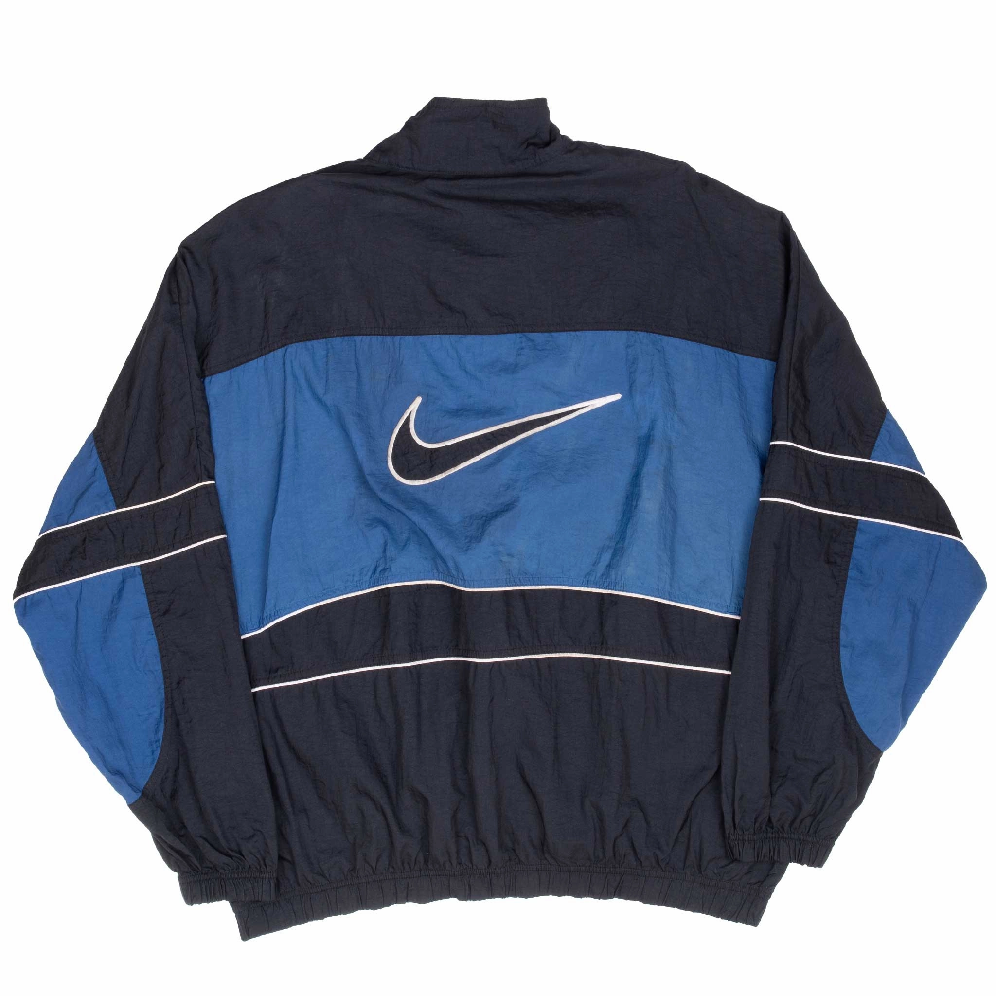 VINTAGE NIKE BIG SWOOSH BLUE AND BLACK WINDBREAKER JACKET 1990S XL