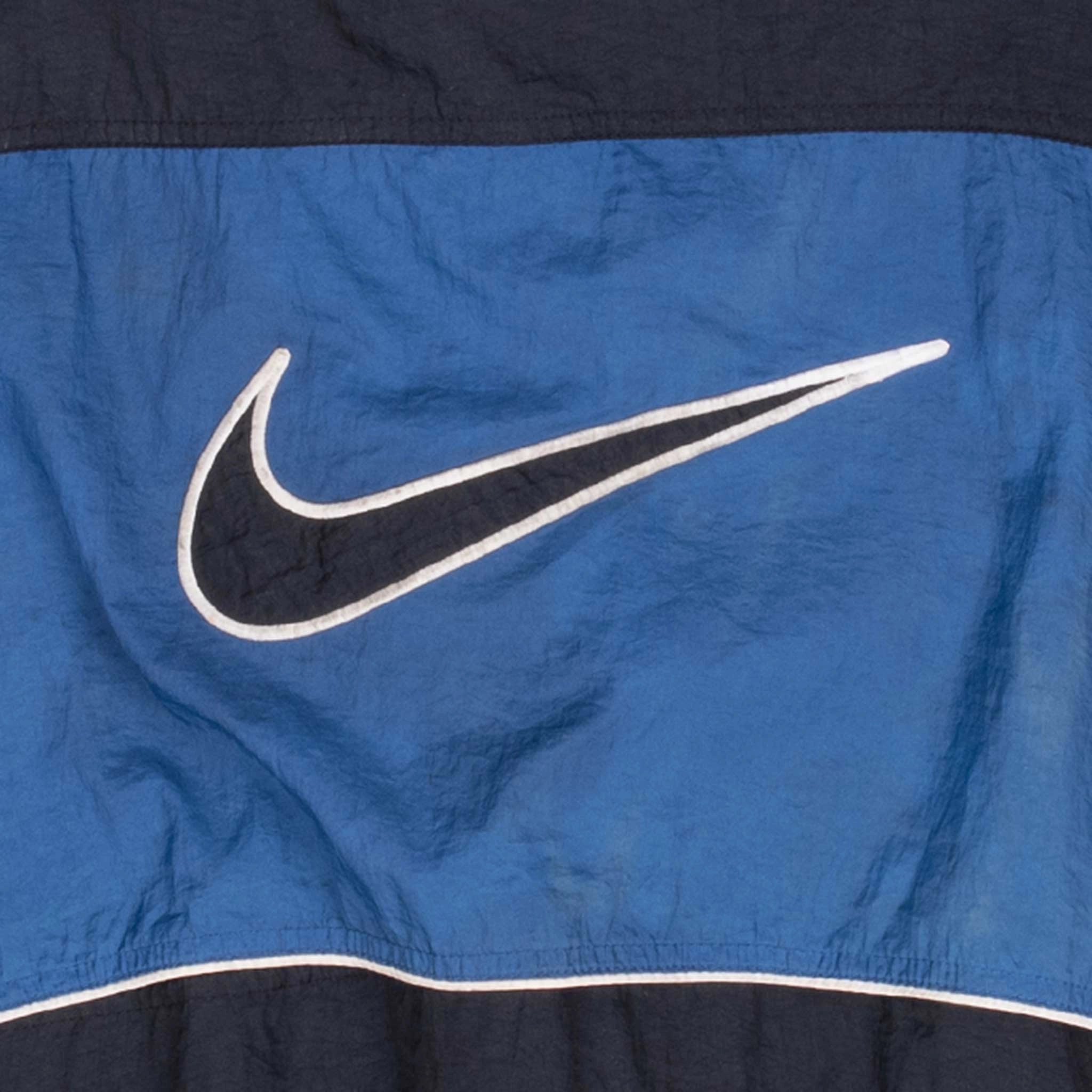 VINTAGE NIKE BIG SWOOSH BLUE AND BLACK WINDBREAKER JACKET 1990S XL