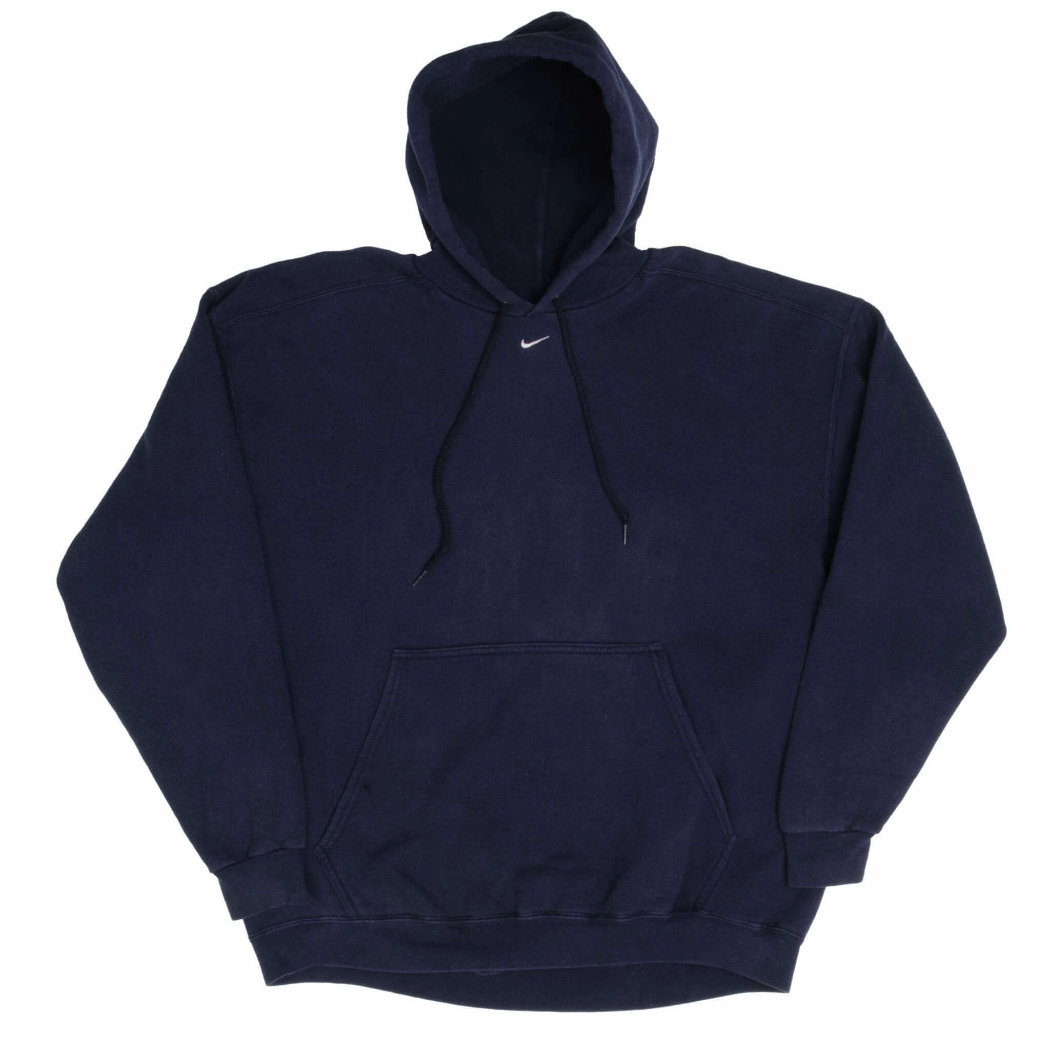 VINTAGE NIKE CENTER SWOOSH NAVY BLUE TRAVIS SCOTT HOODIE 1990S LARGE MADE USA