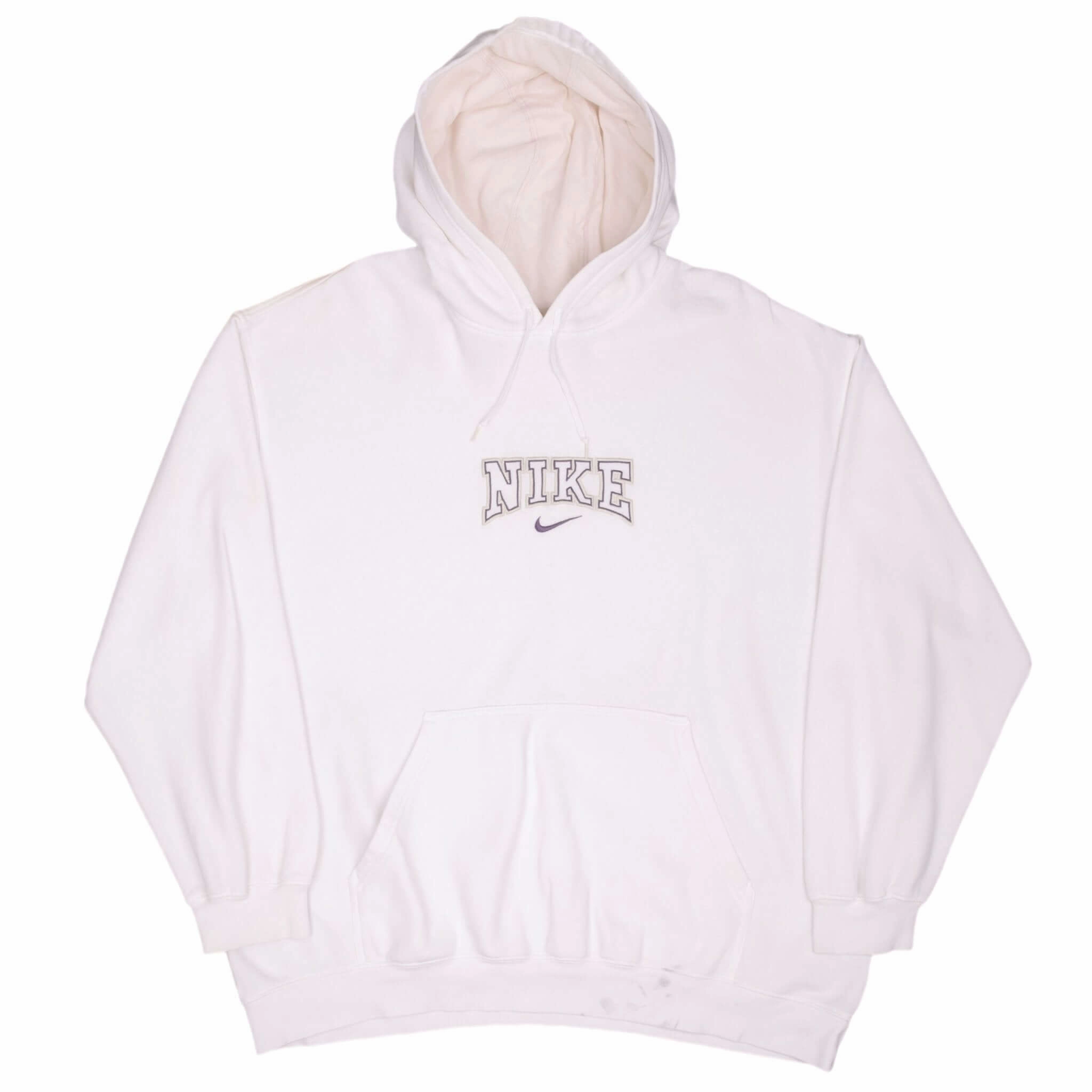 VINTAGE NIKE SPELLOUT CENTER SWOOSH WHITE HOODIE SWEATSHIRT 2000S SIZE XL