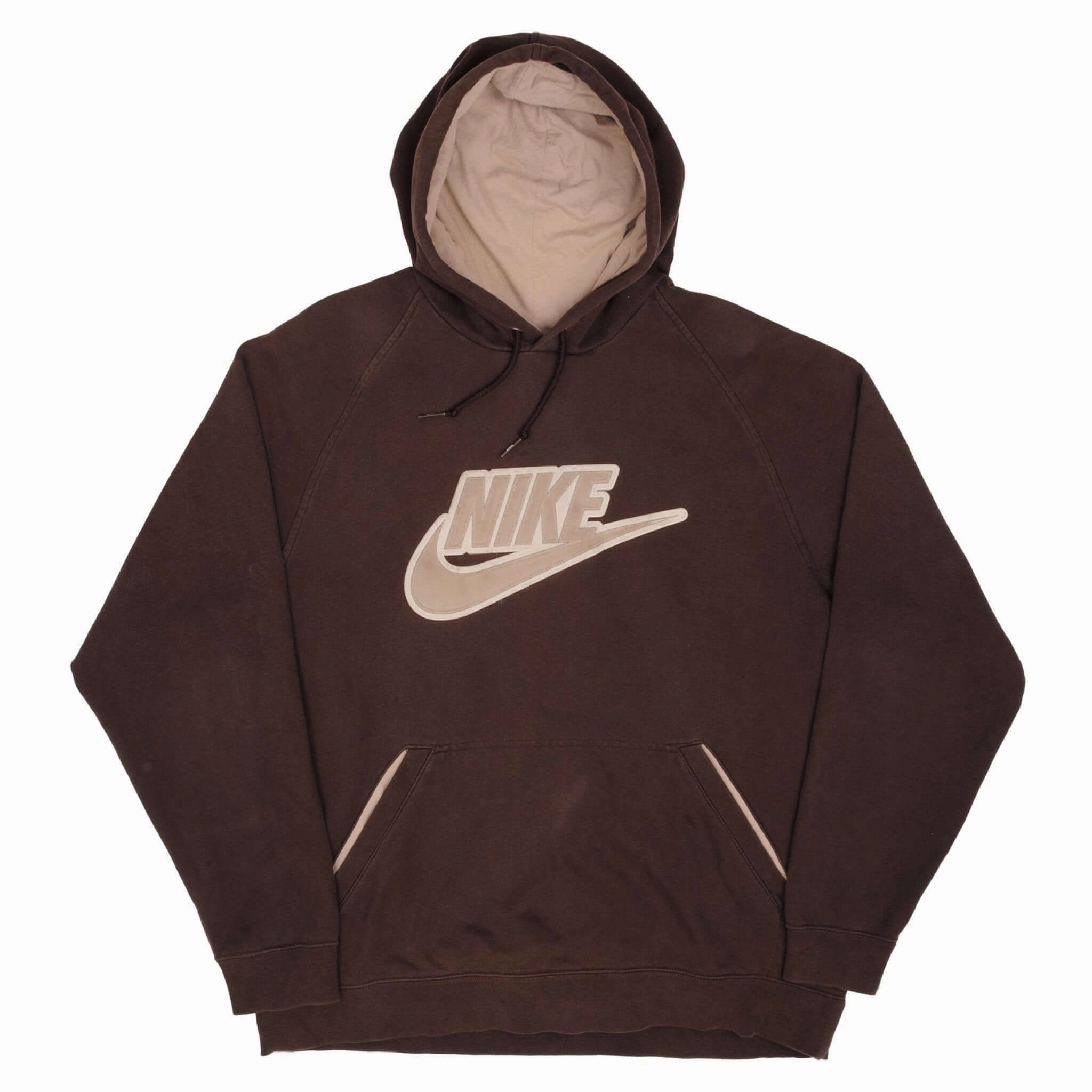 VINTAGE NIKE SPELLOUT SWOOSH BROWN HOODIE SWEATSHIRT LATE 2000S SIZE XL