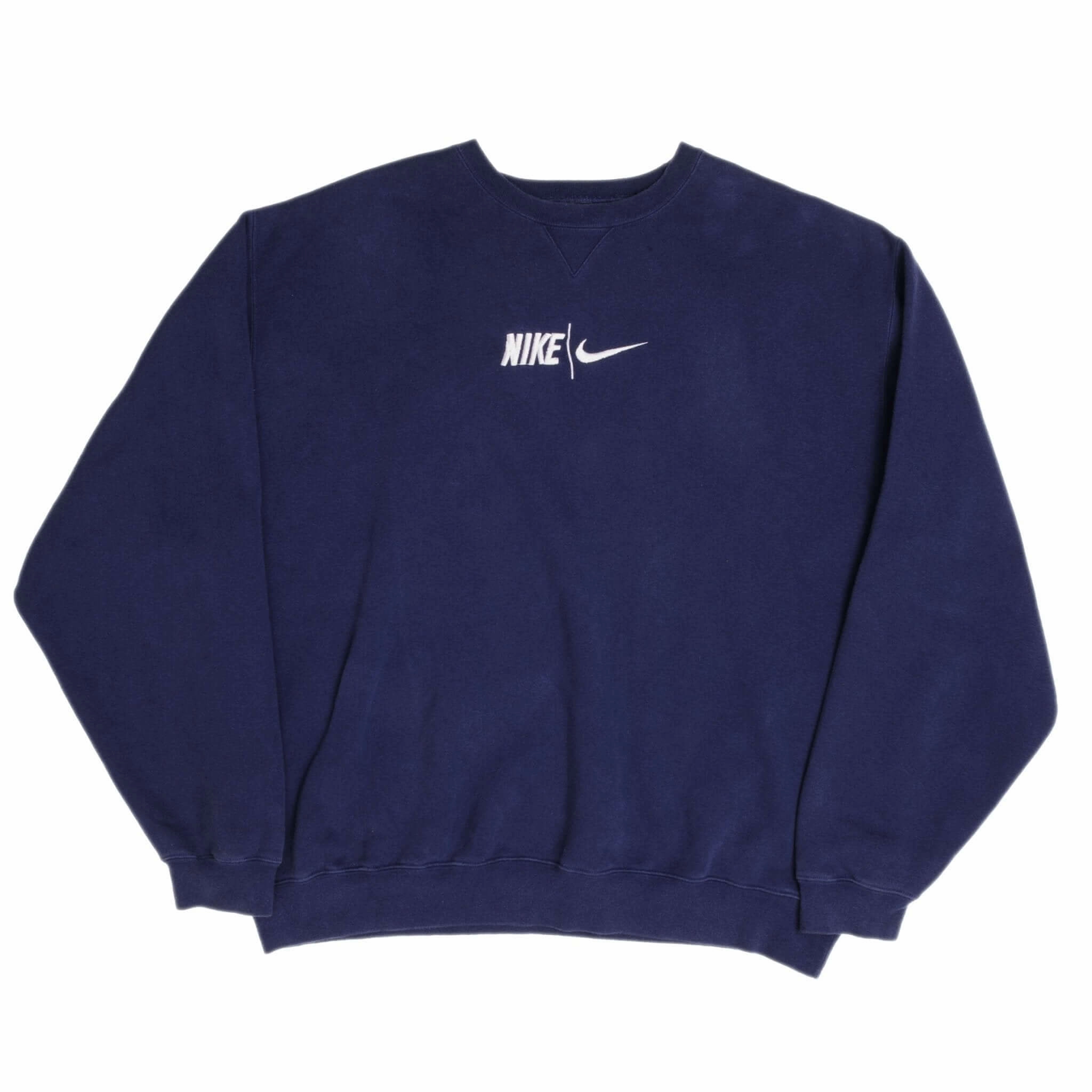 VINTAGE NIKE SPELLOUT SWOOSH NAVY BLUE SWEATSHIRT 1990S SIZE 2XL