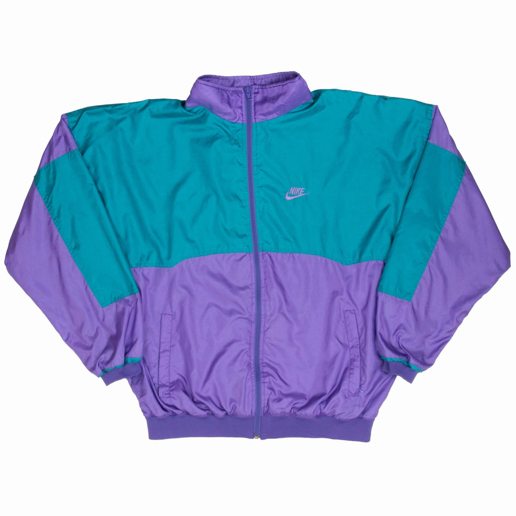 VINTAGE NIKE SWOOSH PURPLE & CYAN WINDBREAKER JACKET LATE 1980S SIZE XL